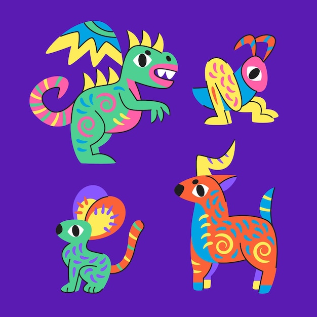 Free vector hand drawn flat dia de muertos alebrijes collection