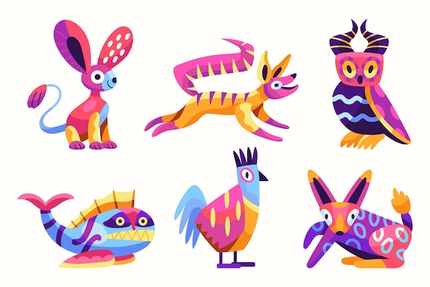 Vettore gratuito collezione dia de muertos alebrijes piatta disegnata a mano