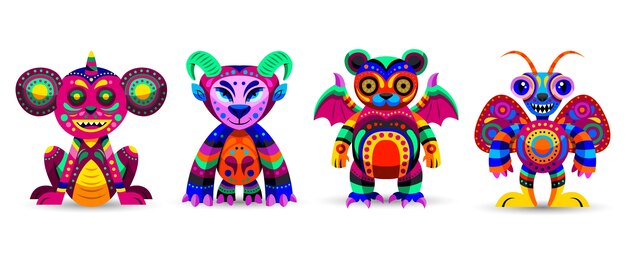 Нарисованная рукой плоская коллекция dia de muertos alebrijes