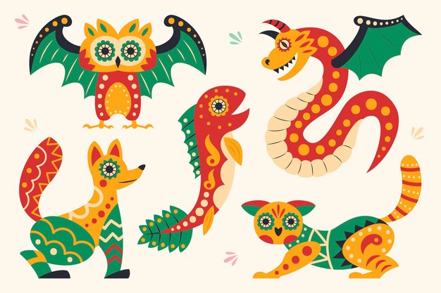 Vettore gratuito collezione dia de muertos alebrijes piatta disegnata a mano