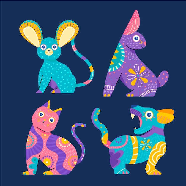 Vettore gratuito collezione dia de muertos alebrijes piatta disegnata a mano