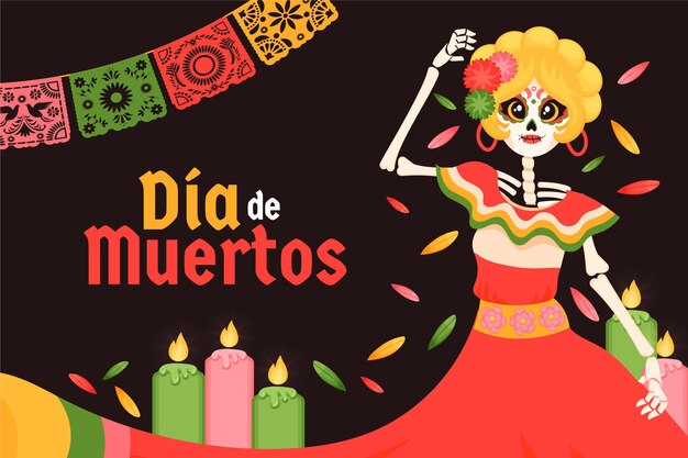 손으로 그린 평면 dia de muertos 배경