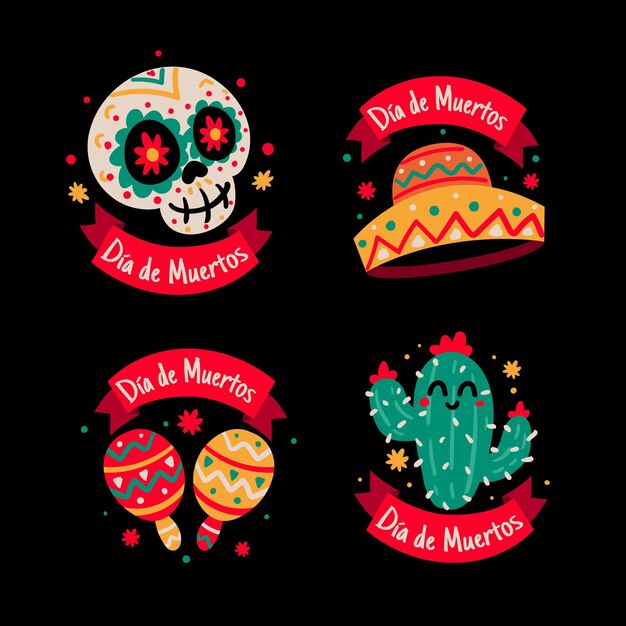 Hand drawn flat dia de muertos badges collection