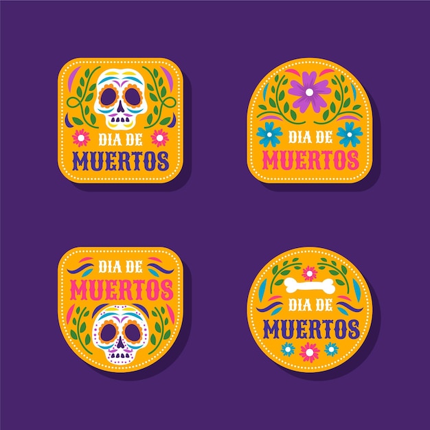 Hand drawn flat dia de muertos badges collection