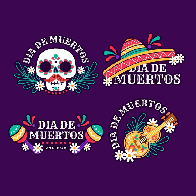 Hand drawn flat dia de muertos badges collection