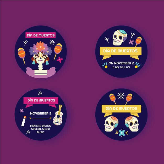 Коллекция рисованной плоских значков dia de muertos