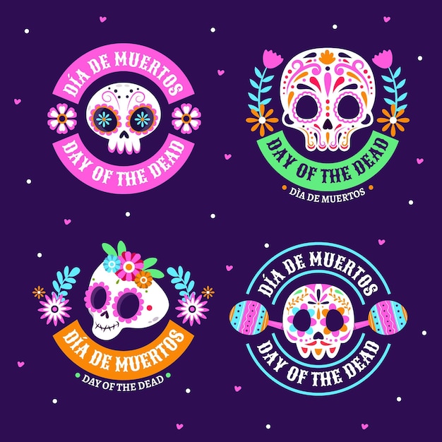 Collezione di distintivi dia de muertos piatti disegnati a mano