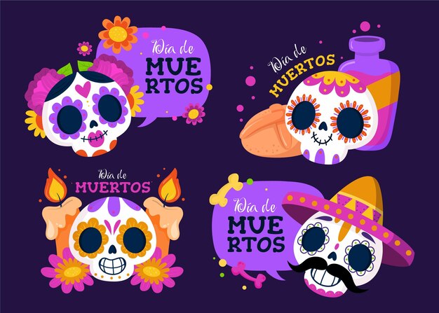 Коллекция рисованной плоских значков dia de muertos