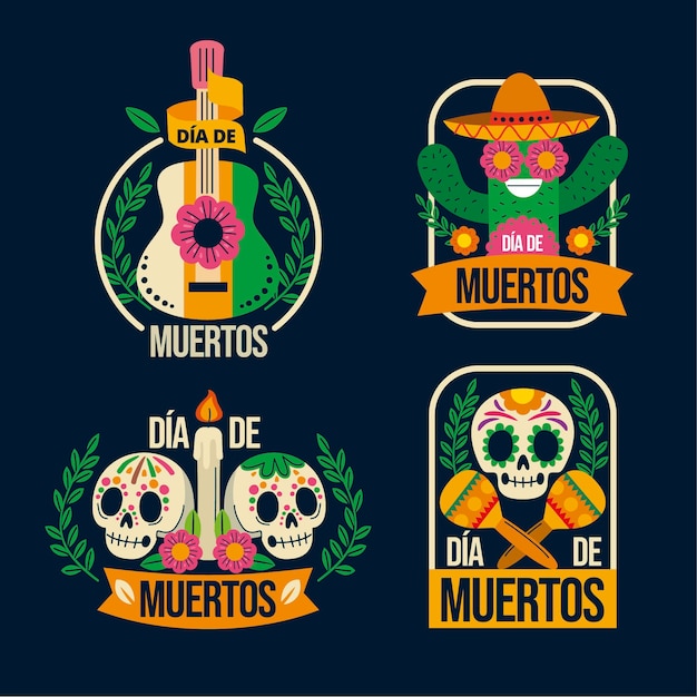 Collezione di distintivi dia de muertos piatti disegnati a mano