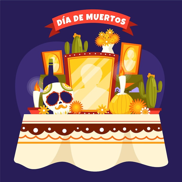 Hand drawn flat dia de muertos family home altar illustration