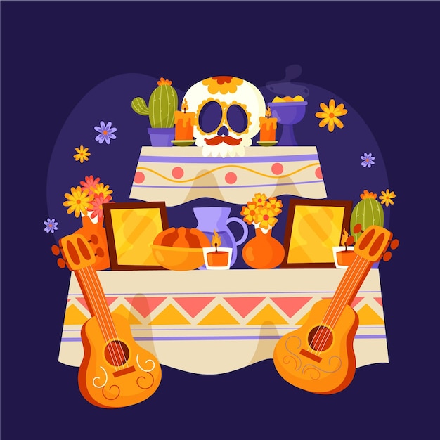 Hand drawn flat dia de muertos family home altar illustration