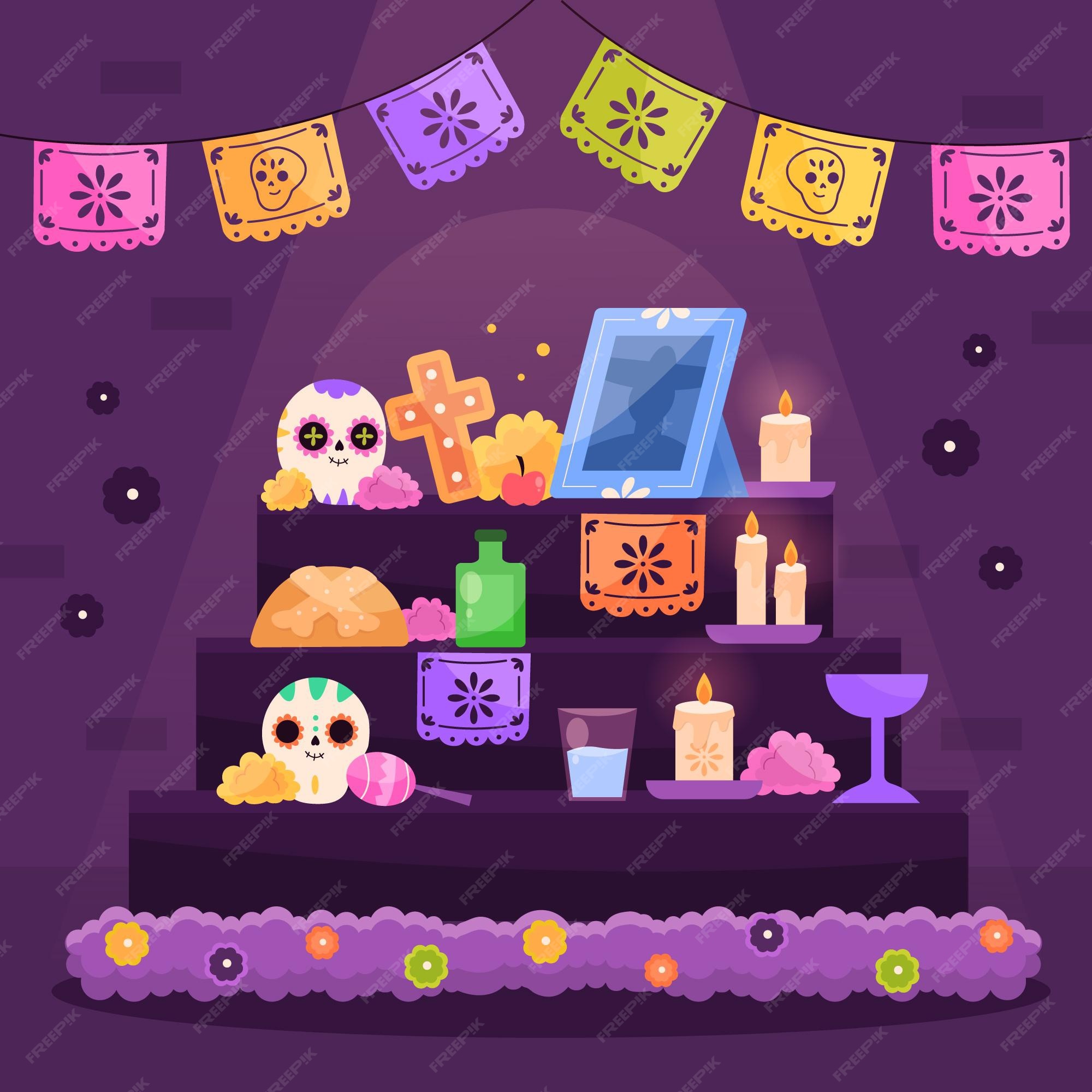 free-vector-hand-drawn-flat-dia-de-muertos-family-home-altar-illustration