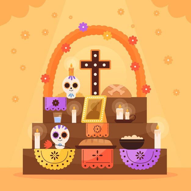 Hand drawn flat dia de muertos family home altar illustration