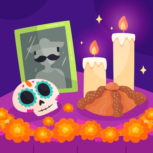 무료 벡터 손으로 그린 평면 dia de muertos 가족 집 제단 그림