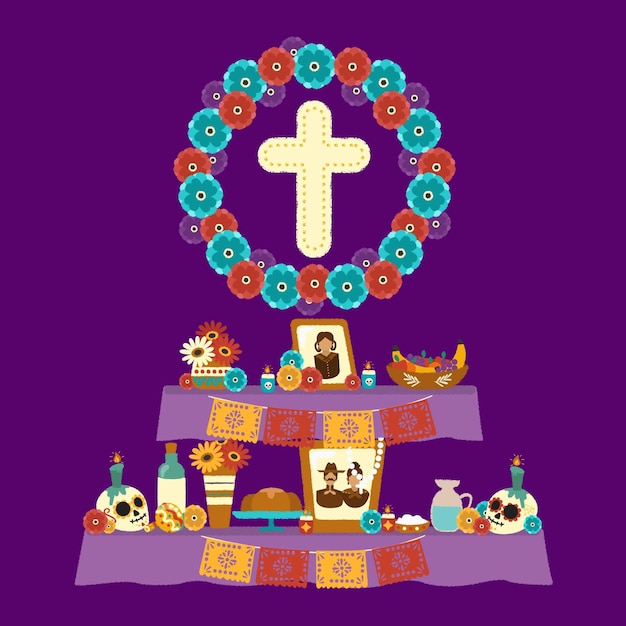 Free vector hand drawn flat dia de muertos family home altar illustration