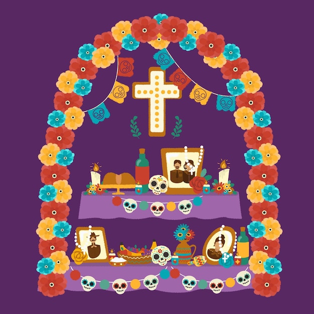 무료 벡터 손으로 그린 평면 dia de muertos 가족 집 제단 그림