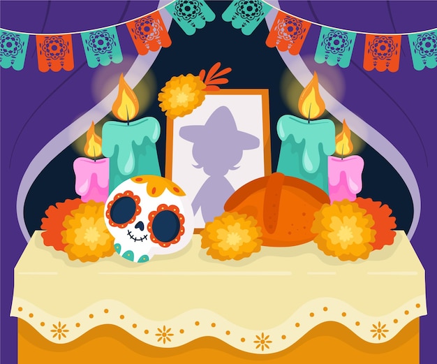 무료 벡터 손으로 그린 평면 dia de muertos 가족 집 제단 그림