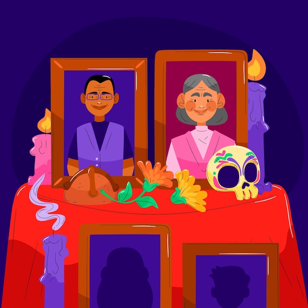 Hand drawn flat dia de muertos family home altar illustration