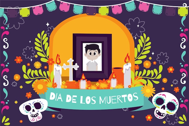 Illustrazione piana disegnata a mano dell'altare della casa della famiglia dia de muertos