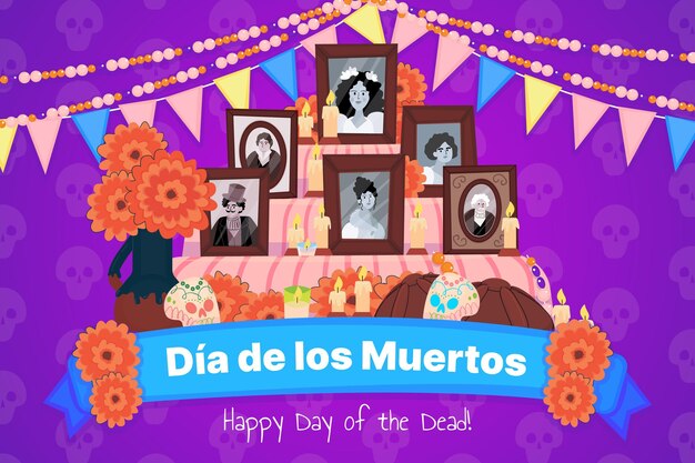 hand drawn flat dia de muertos family home altar illustration