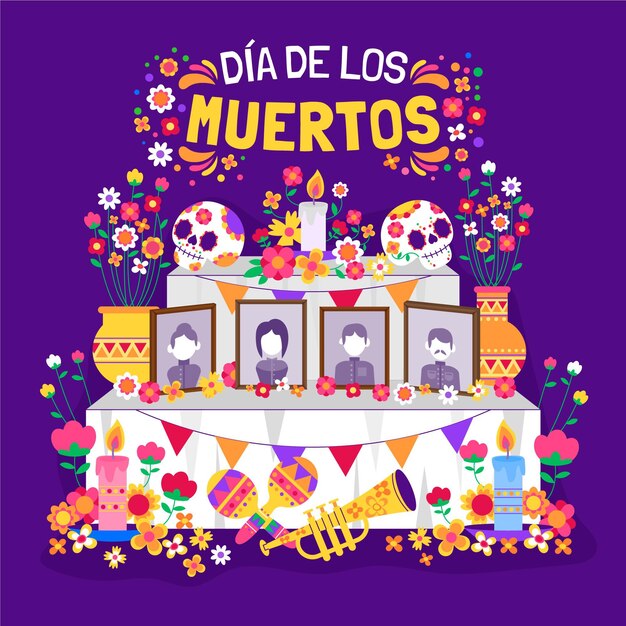 Hand drawn flat dia de muertos family home altar illustration