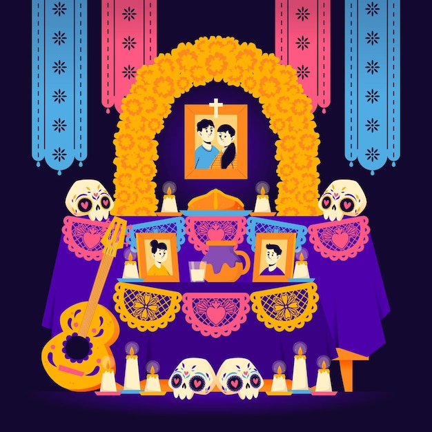 무료 벡터 손으로 그린 평면 dia de muertos 가족 집 제단 그림