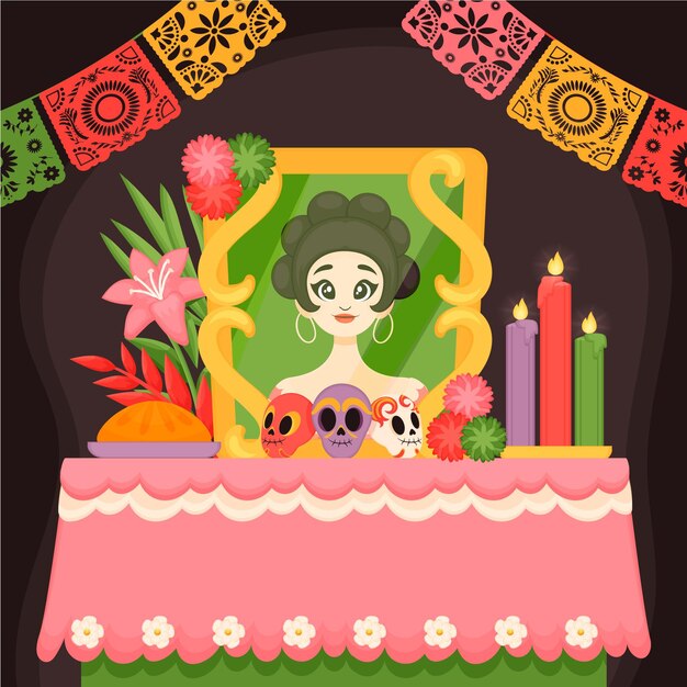 Hand drawn flat dia de muertos family home altar illustration