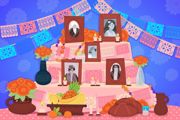 hand drawn flat dia de muertos family home altar illustration