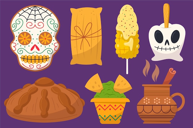 Ручной обращается плоская коллекция продуктов dia de muertos