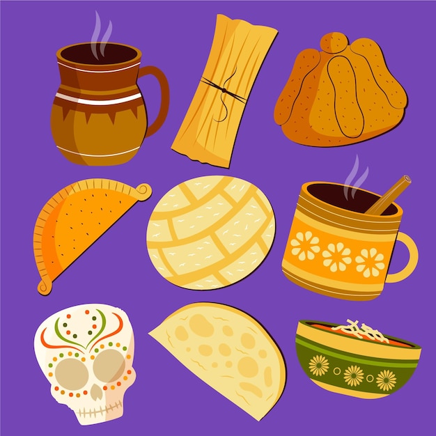 Free vector hand drawn flat dia de muertos food collection