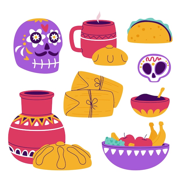 Free vector hand drawn flat dia de muertos food collection