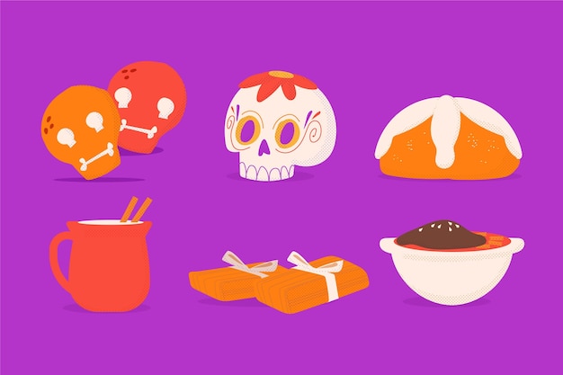 Ручной обращается плоская коллекция продуктов dia de muertos