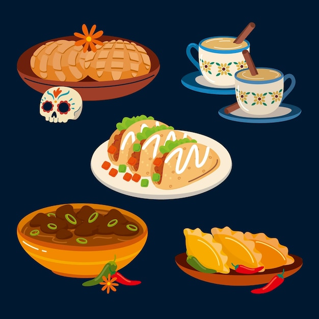 Hand drawn flat dia de muertos food collection