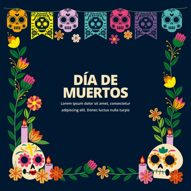 手描きのフラットdiademuertosフレームテンプレート