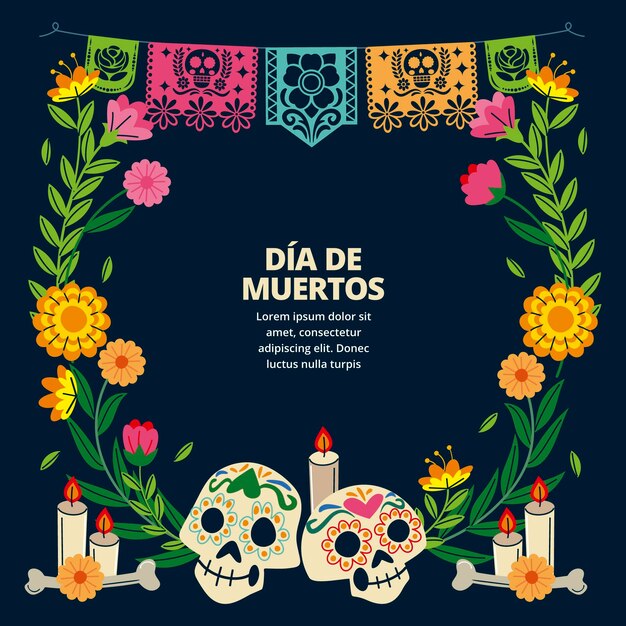 Hand drawn flat dia de muertos frame template