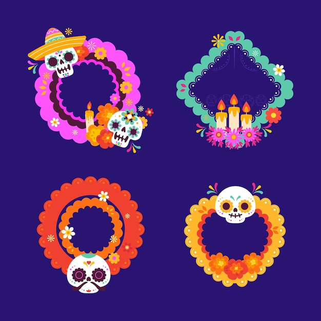 Hand drawn flat dia de muertos frames collection