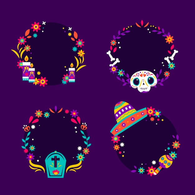 Hand drawn flat dia de muertos frames collection