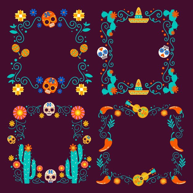 Hand drawn flat dia de muertos frames collection