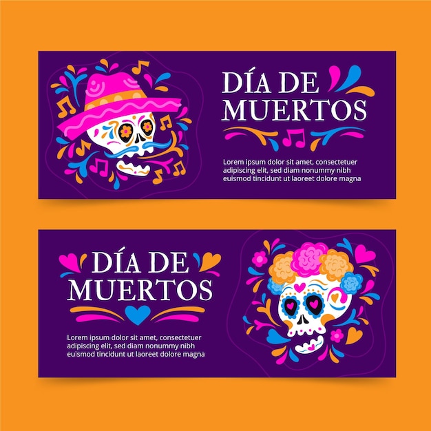 Hand drawn flat dia de muertos horizontal banners set