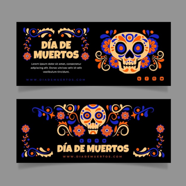 Set di banner orizzontali dia de muertos piatti disegnati a mano