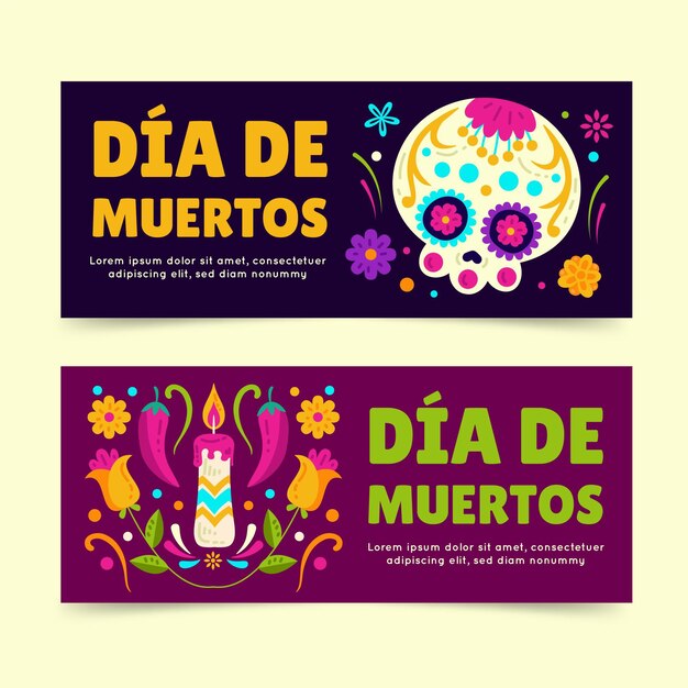 Hand drawn flat dia de muertos horizontal banners set