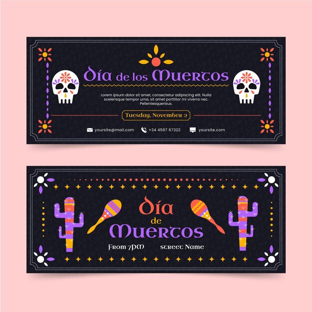 Hand drawn flat dia de muertos horizontal banners set