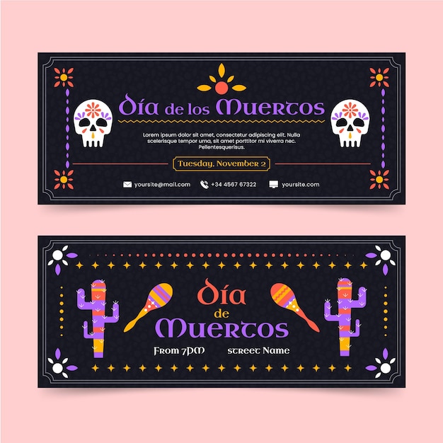 Hand drawn flat dia de muertos horizontal banners set