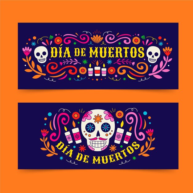 手描きフラットdiademuertos水平バナーセット