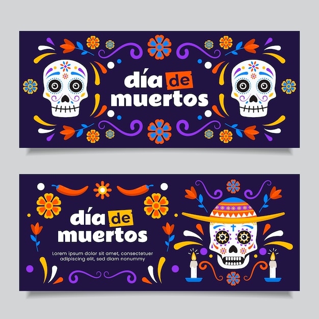 Hand drawn flat dia de muertos horizontal banners set