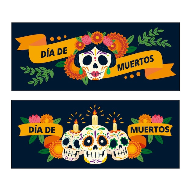 Hand drawn flat dia de muertos horizontal banners set