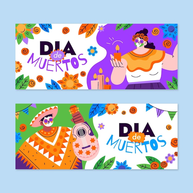 Hand drawn flat dia de muertos horizontal banners set