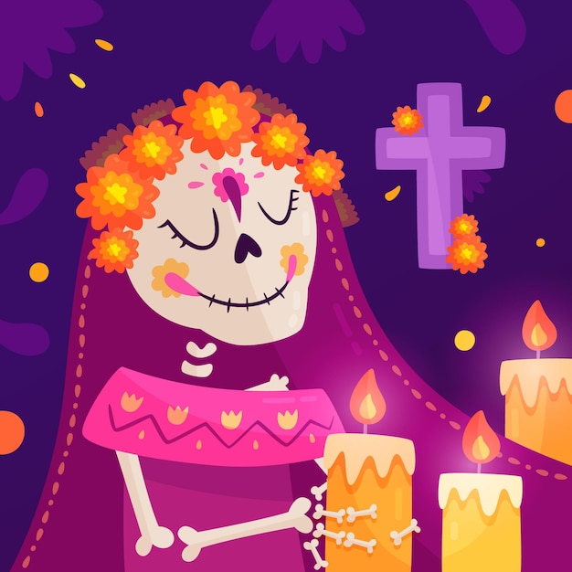 Нарисованная рукой плоская иллюстрация dia de muertos