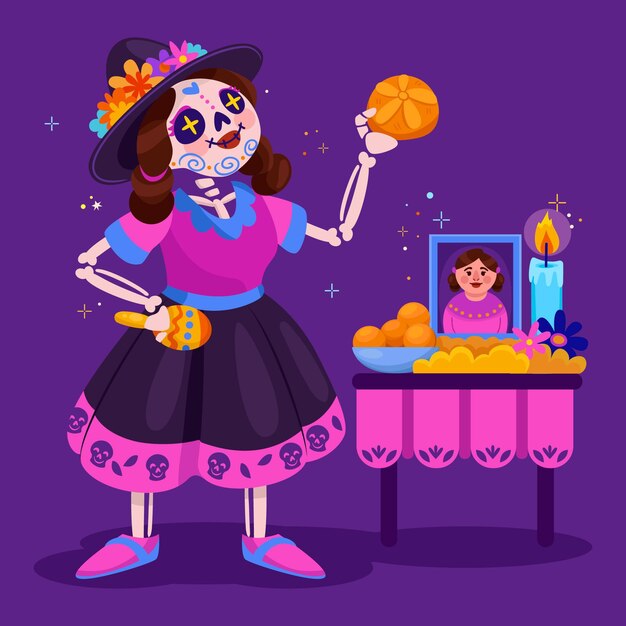 Нарисованная рукой плоская иллюстрация dia de muertos