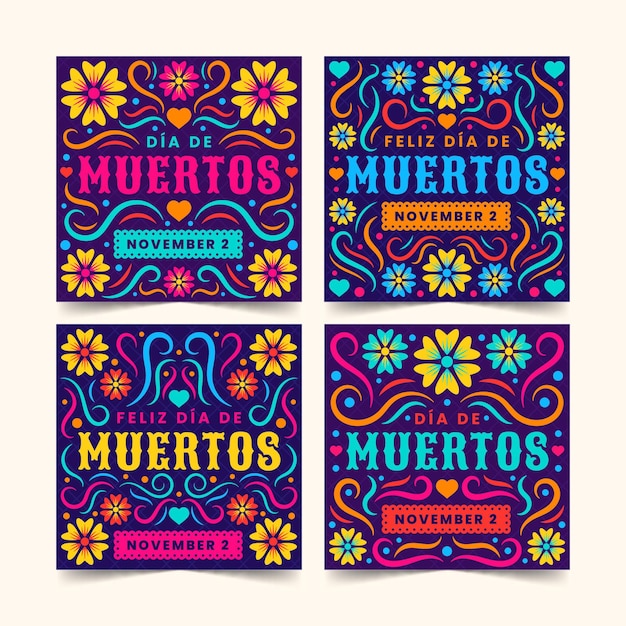 Hand drawn flat dia de muertos instagram posts collection